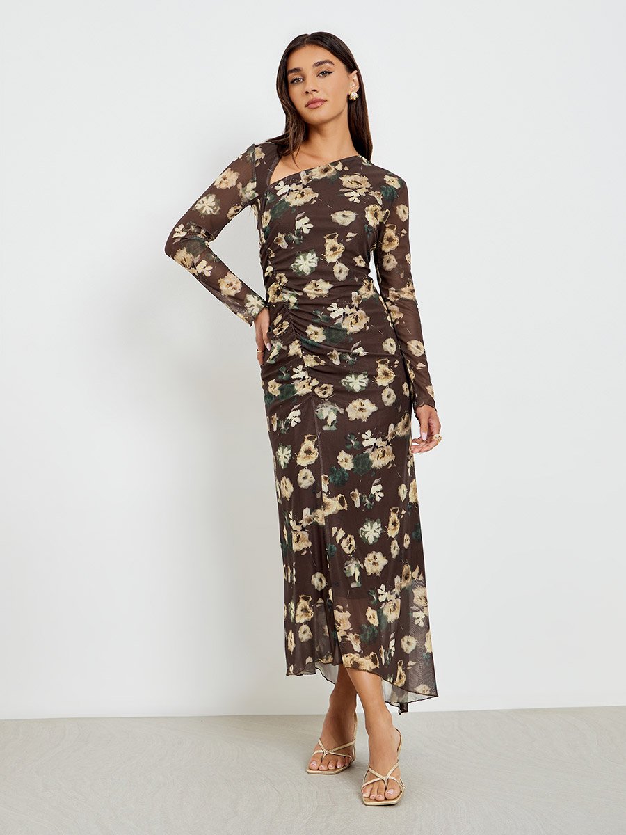 Women Floral Print Gathered Detail Bodycon Maxi Dress