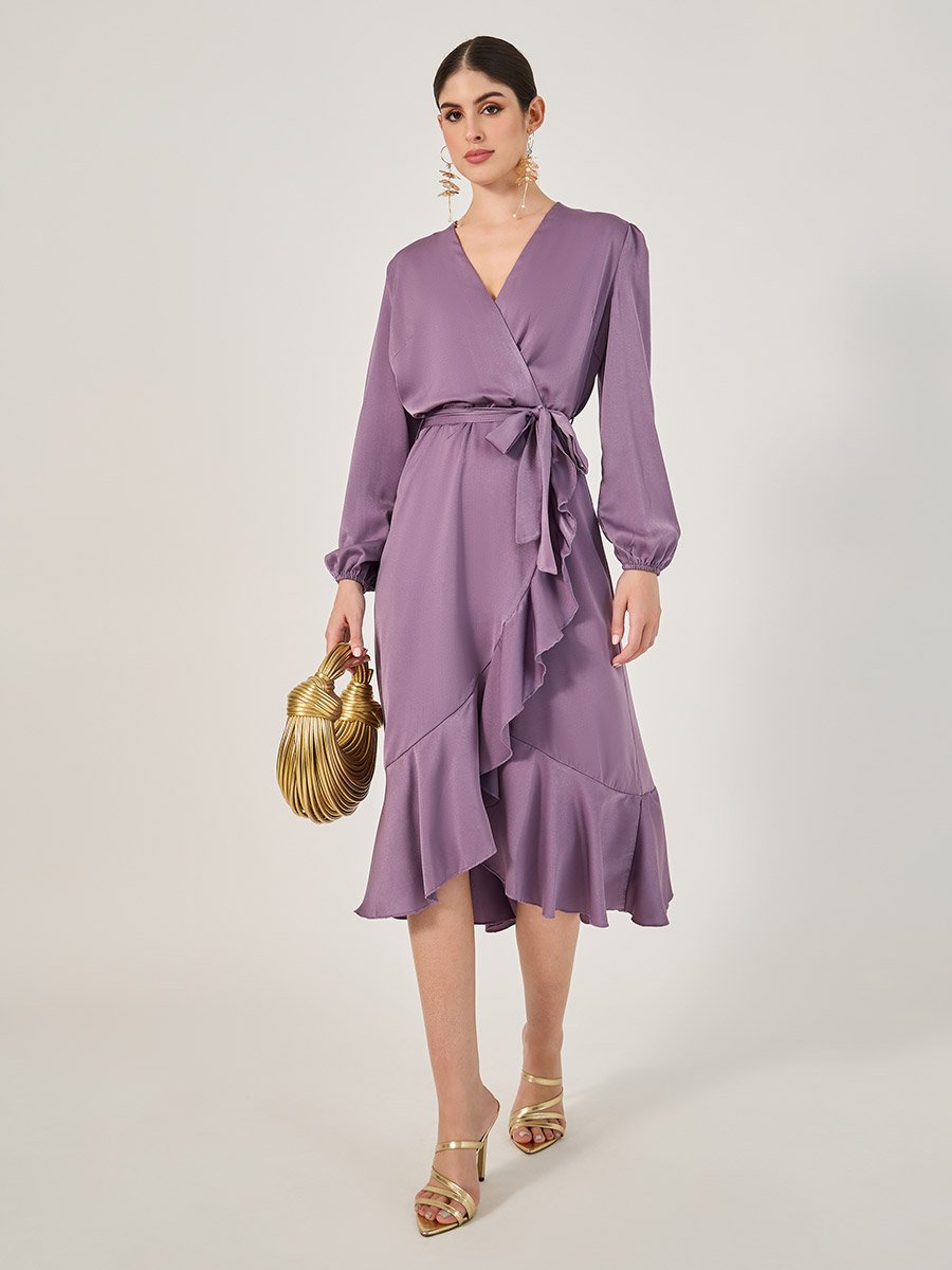 Balloon Sleeves Ruffled Detail Wrap Midi Dress