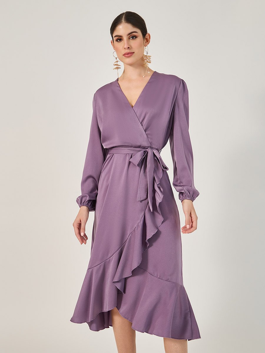 Balloon Sleeves Ruffled Detail Wrap Midi Dress