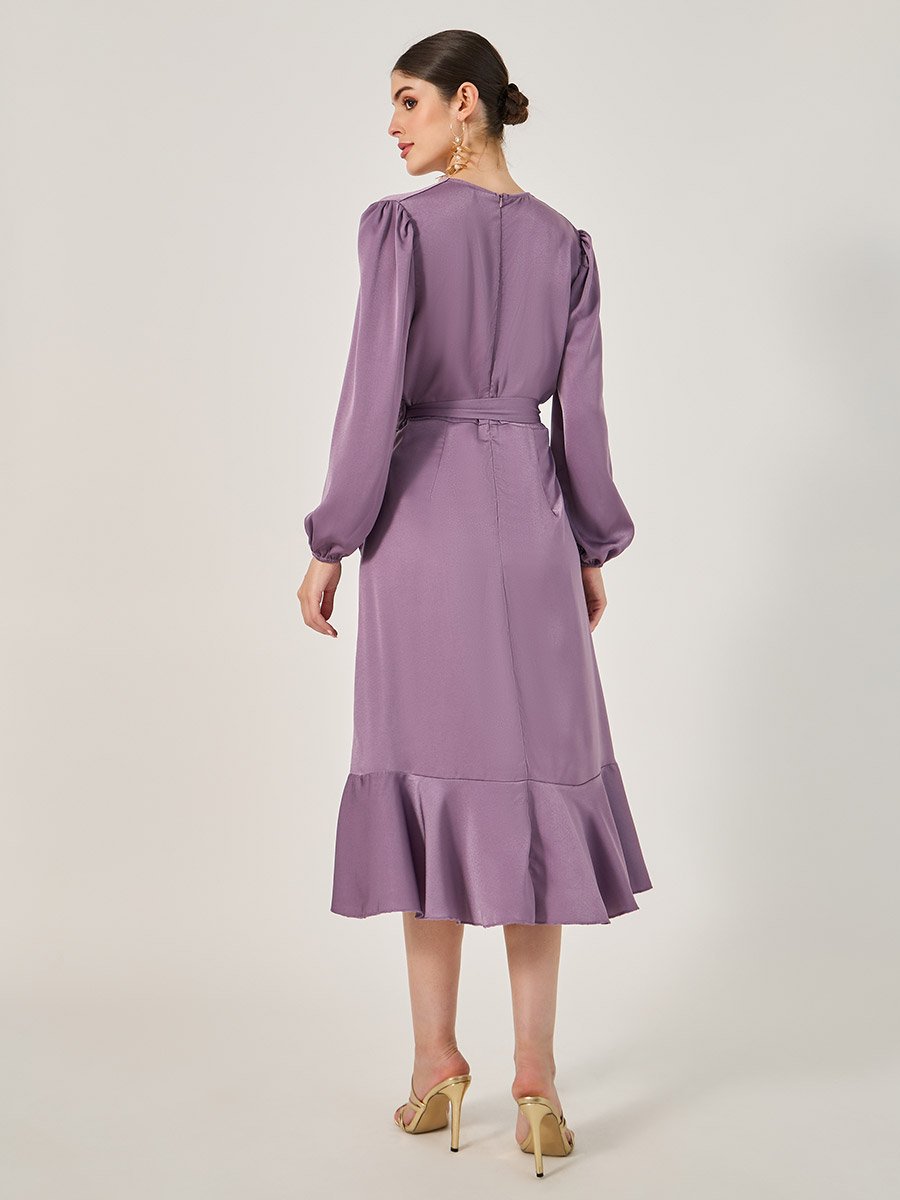 Balloon Sleeves Ruffled Detail Wrap Midi Dress