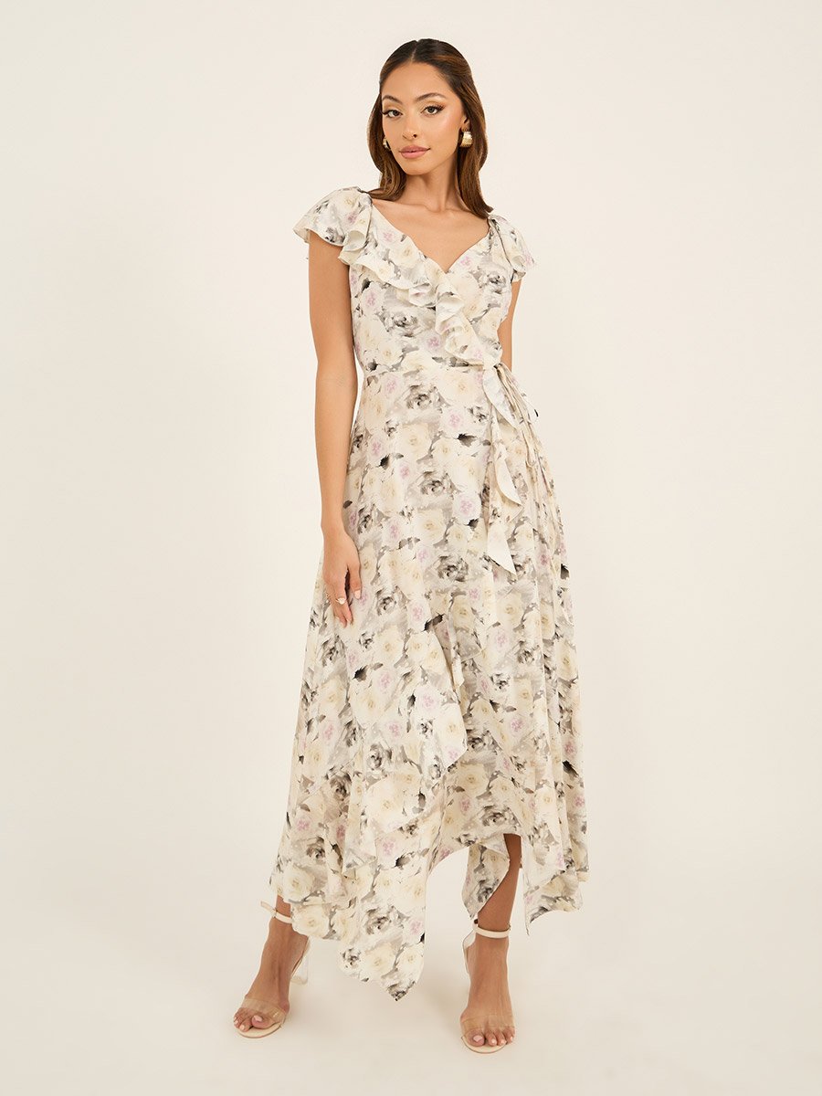 fitted lace wedding dress White Floral Ruffle Wrap Dress