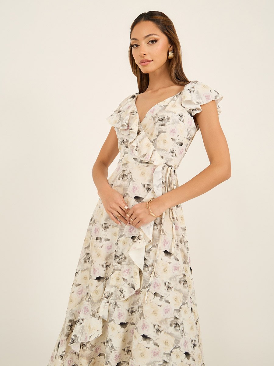 floral frill detail wrap maxi dress Ditsy Floral Ruffle Hem Wrap Maxi Dress in Ivory for Market Strolls & Picnics White S