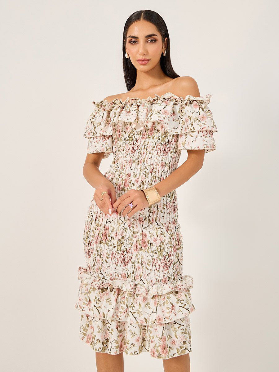 Floral Print Off Shoulder Bodycon Knee-Length Dress For Women at UAE