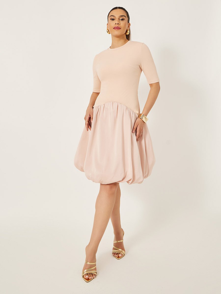 Round Neck Balloon Hem A-Line Knee-Length Dress For Women at Saudi | Styli Round Neck Balloon Hem A-Line Knee-Length Dress For Women at Saudi | Styli