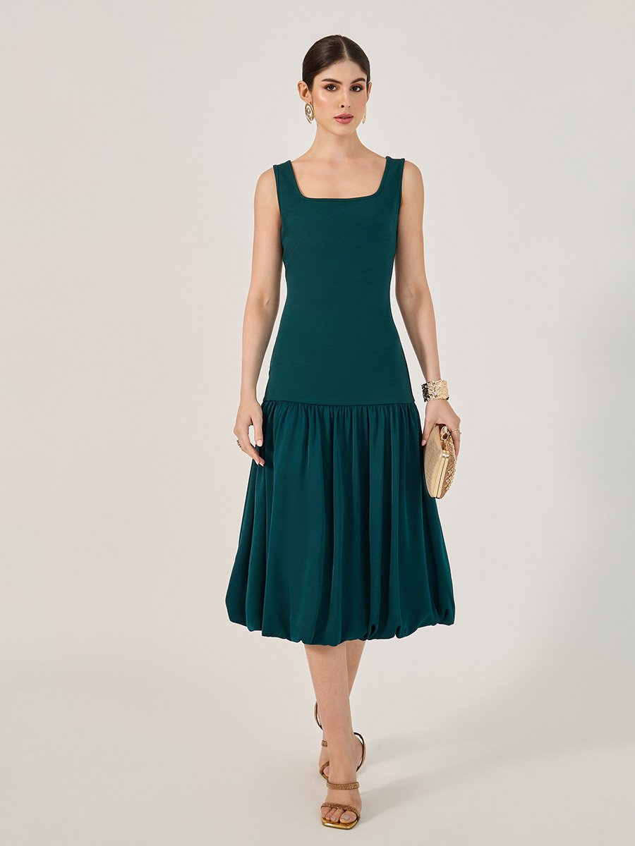 Sleeveless Square Neck Drop Waist A-Line Midi Dress