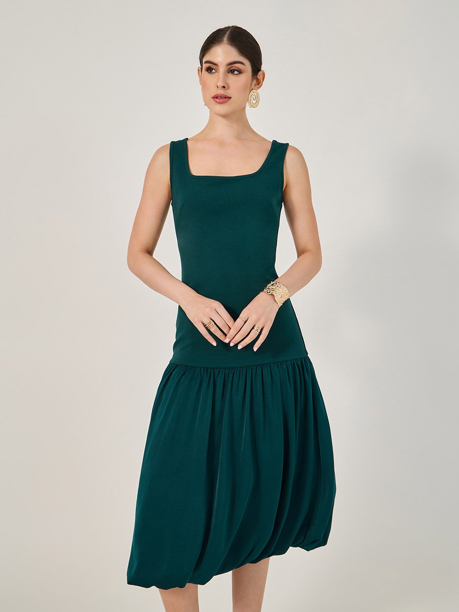 Sleeveless Square Neck Drop Waist A-Line Midi Dress
