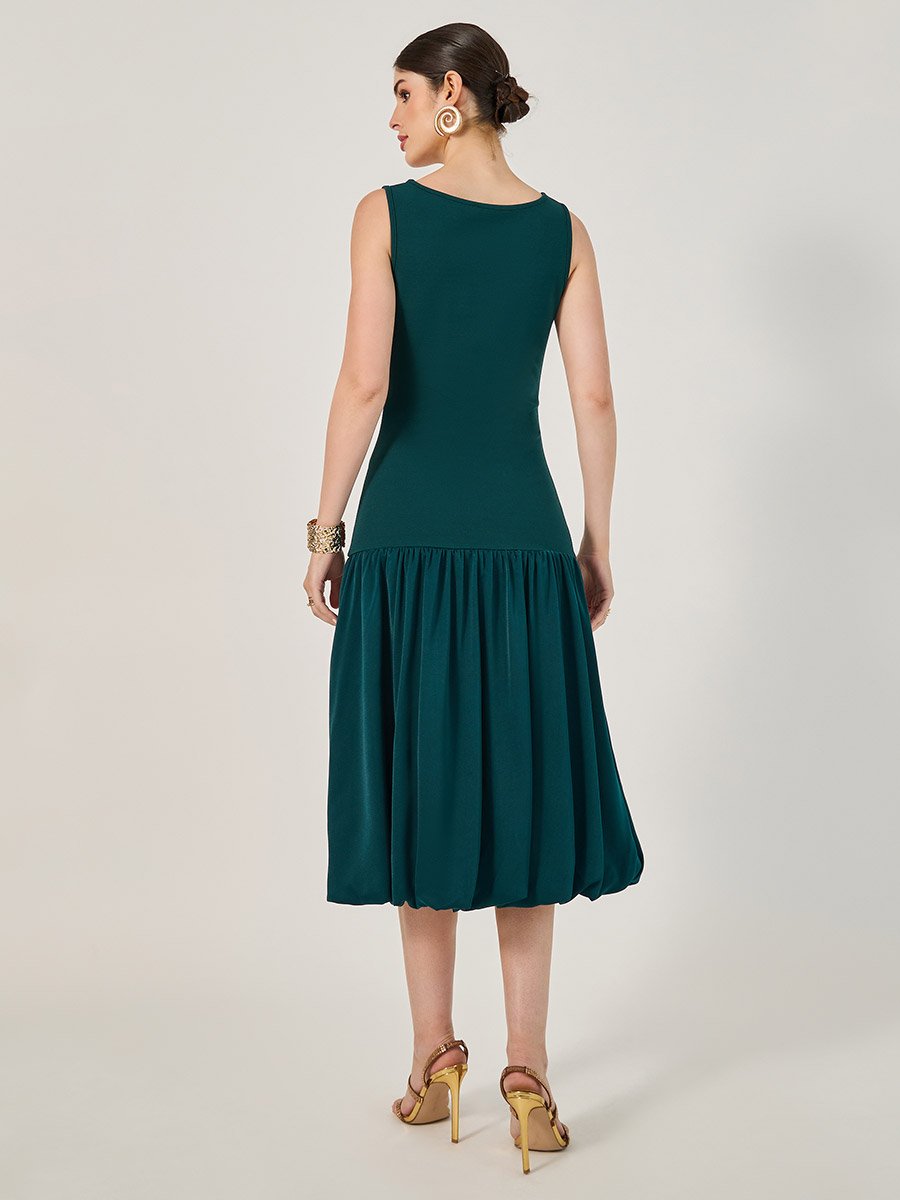 Sleeveless Square Neck Drop Waist A-Line Midi Dress
