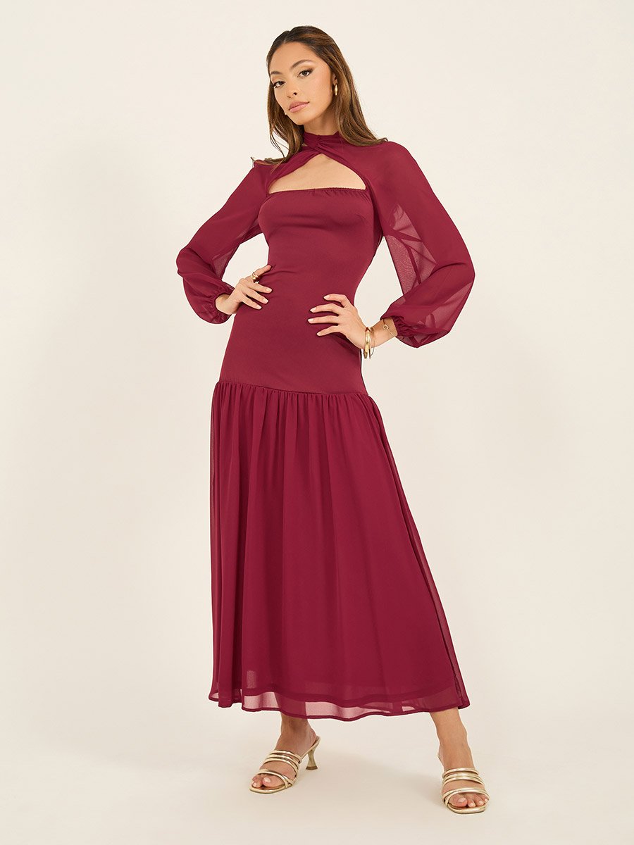 Solid Cape Sleeves Ruffled Hem Maxi Dress