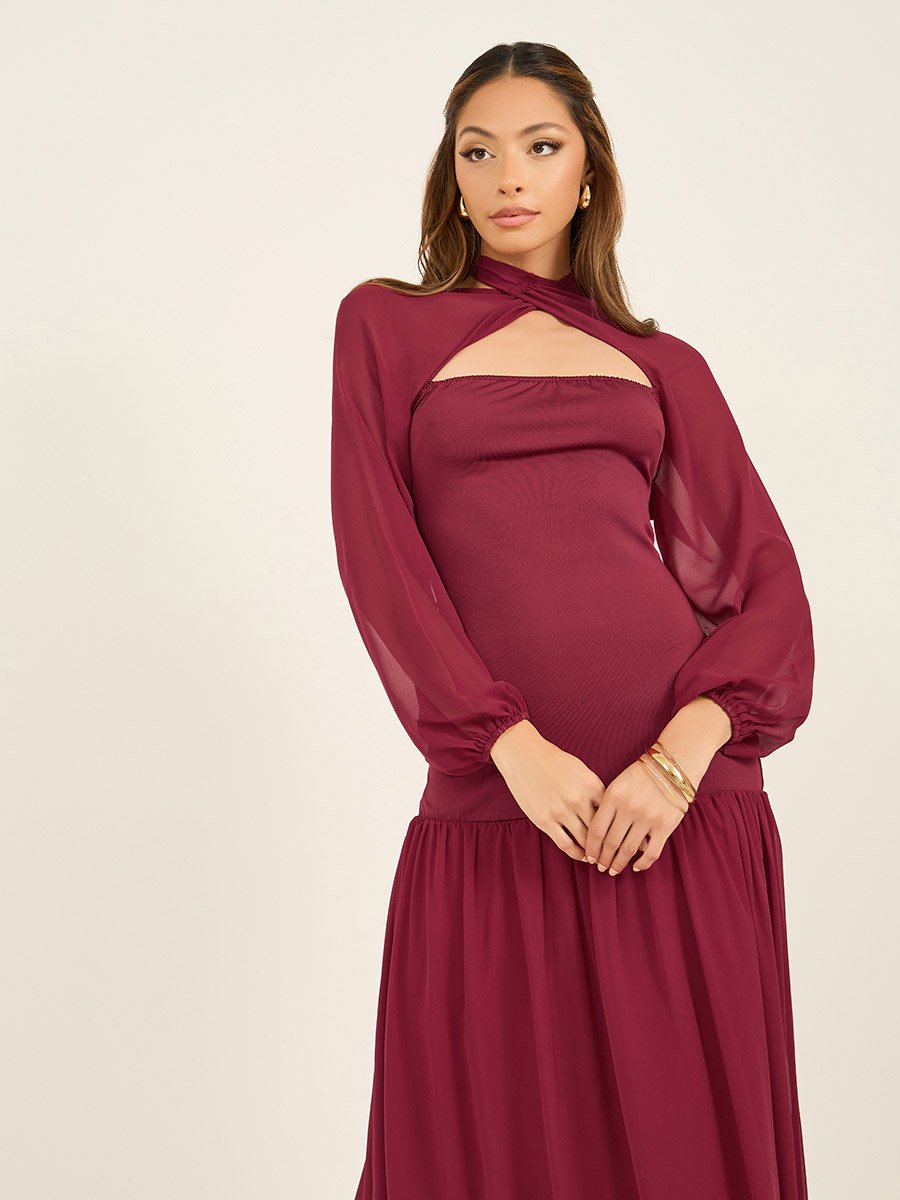 Solid Cape Sleeves Ruffled Hem Maxi Dress