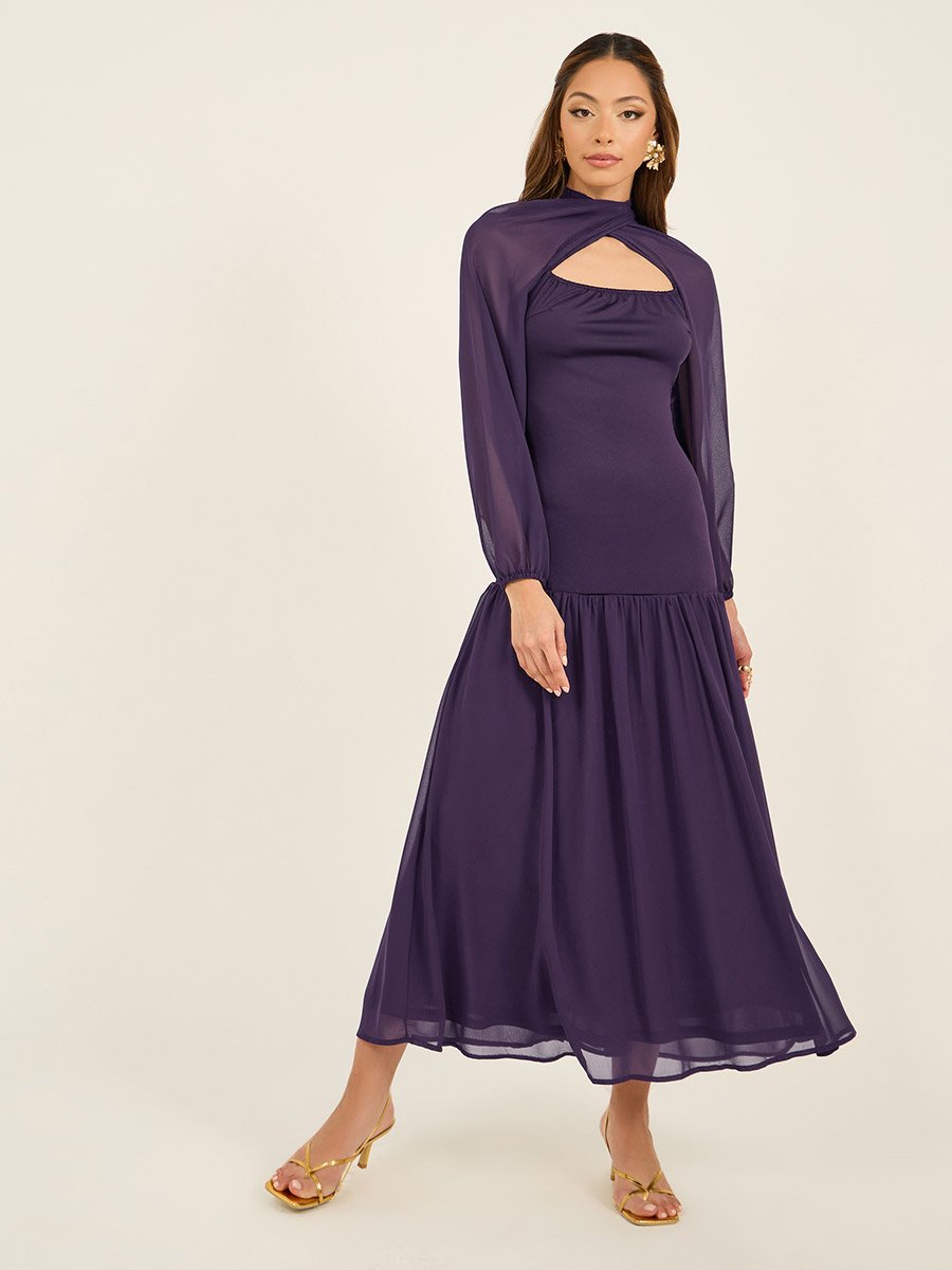 Solid Cape Sleeves Ruffled Hem Maxi Dress