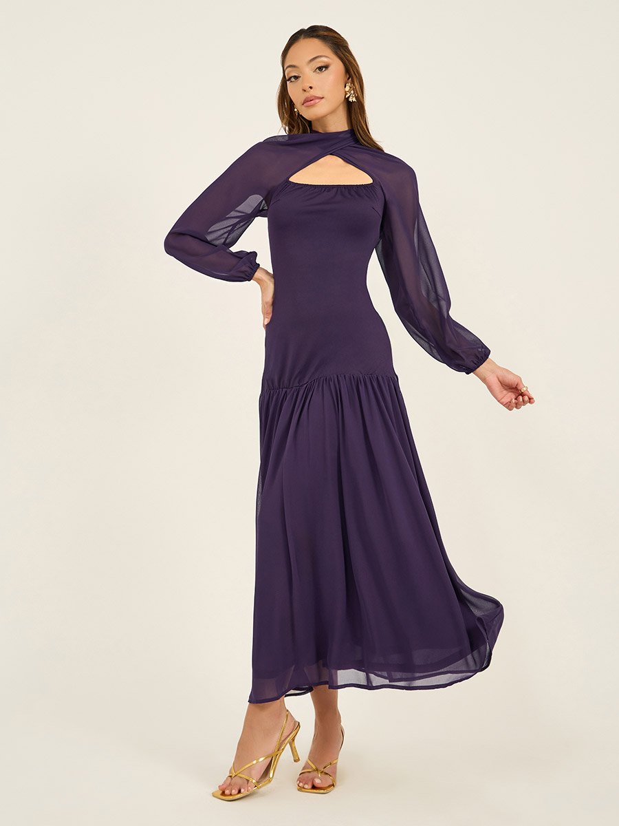 Solid Cape Sleeves Ruffled Hem Maxi Dress