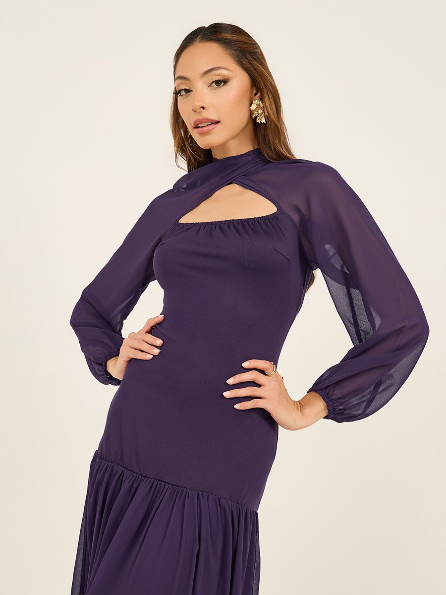Solid Cape Sleeves Ruffled Hem Maxi Dress