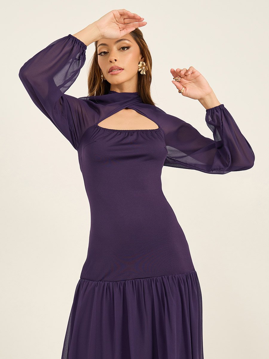 Solid Cape Sleeves Ruffled Hem Maxi Dress