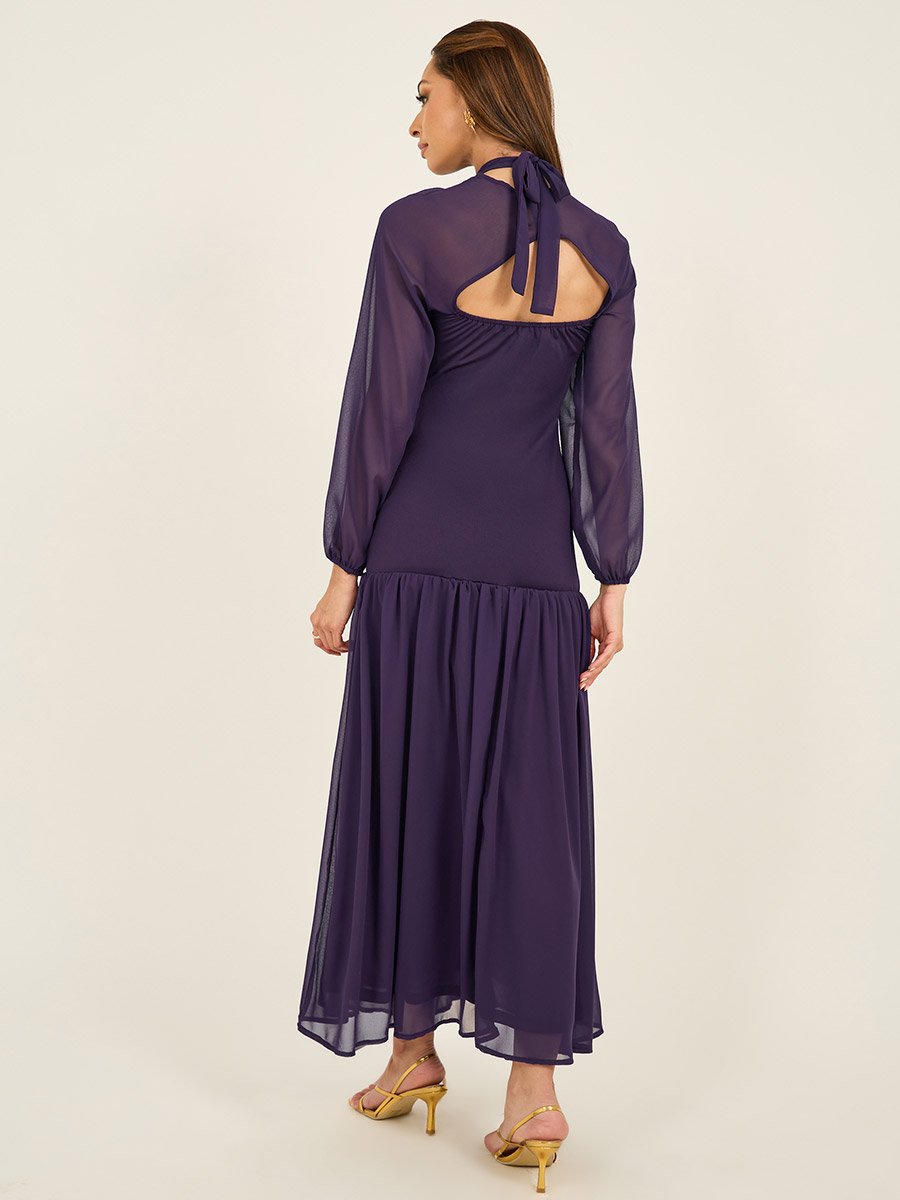 Solid Cape Sleeves Ruffled Hem Maxi Dress