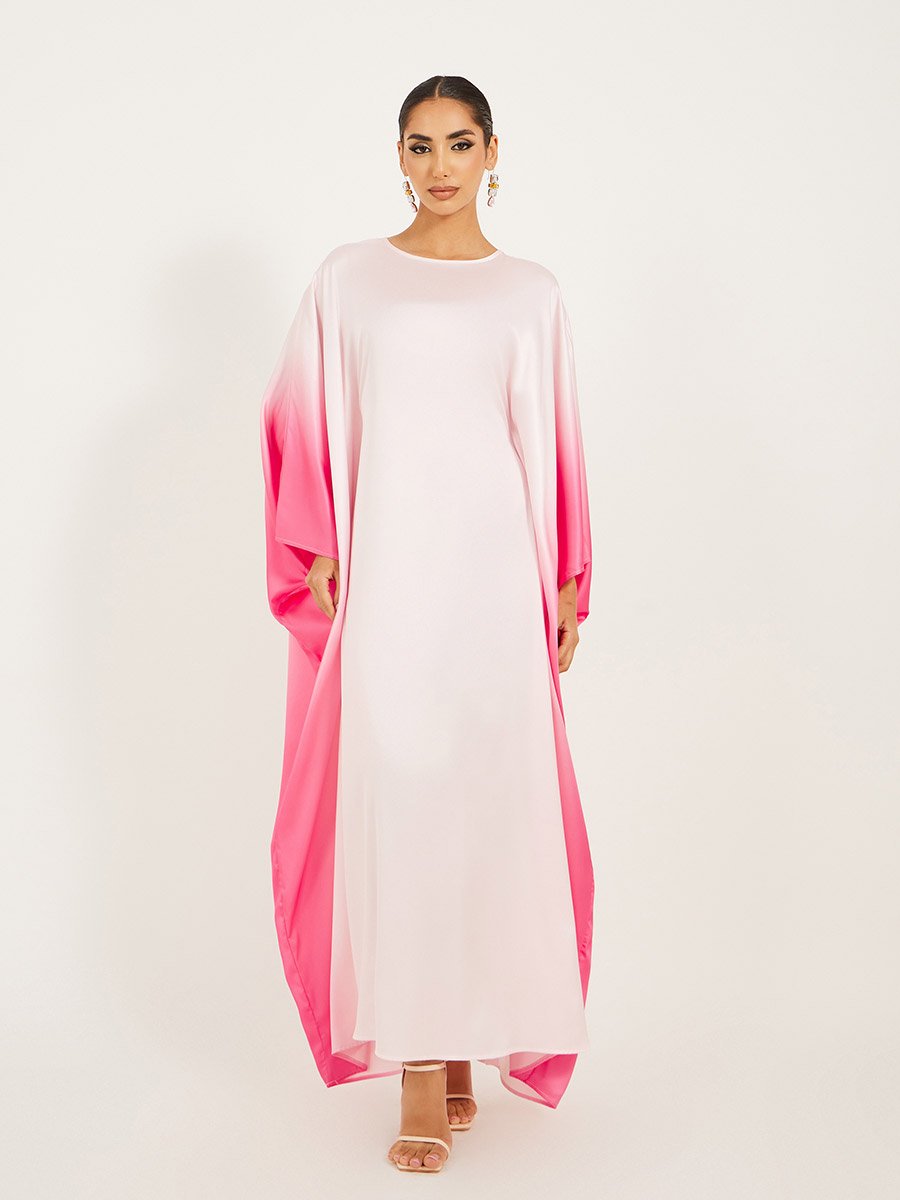 Ombre Print Satin Round Neck Loose Fit Kaftan