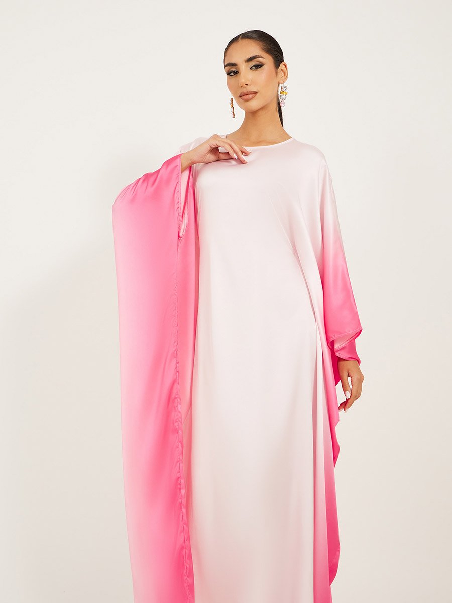 Ombre Print Satin Round Neck Loose Fit Kaftan