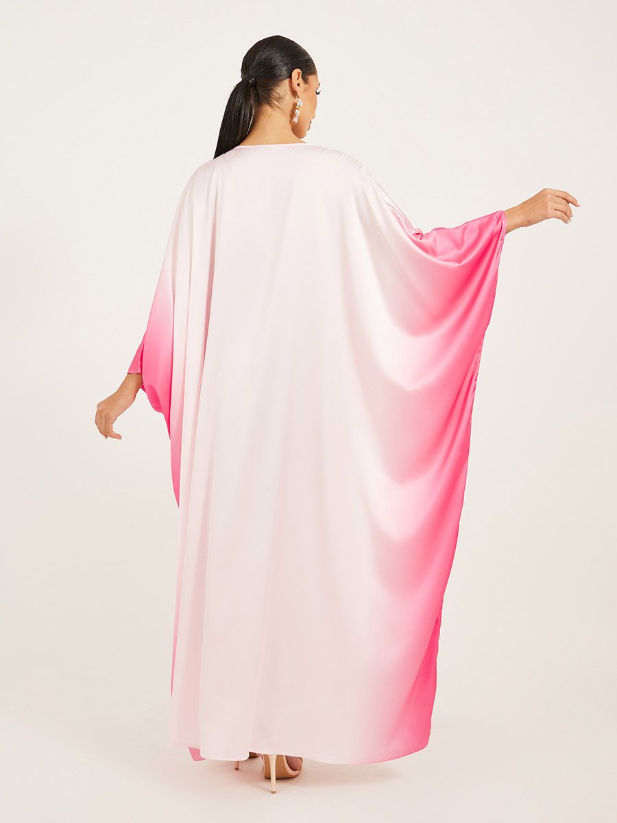 Ombre Print Satin Round Neck Loose Fit Kaftan