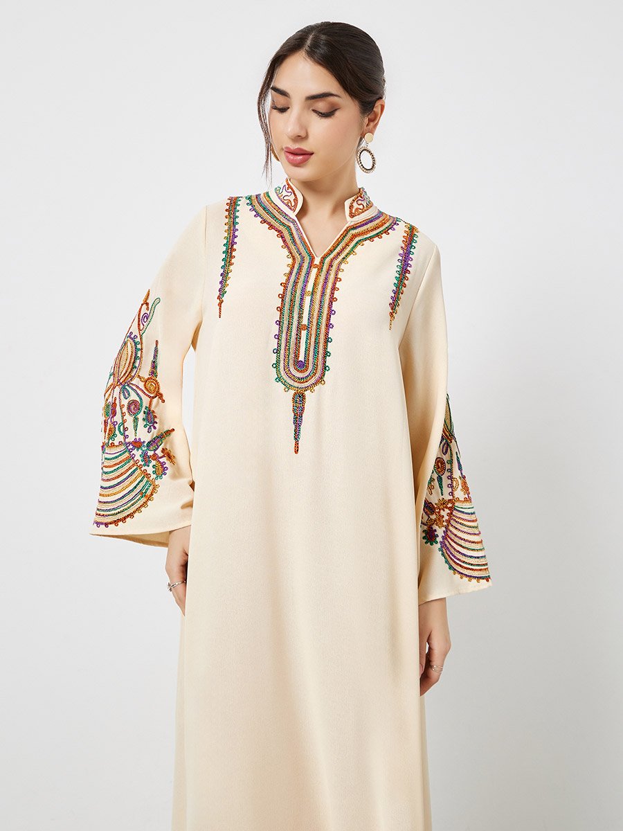Cream Embroidered Stand Collar Jalabiya