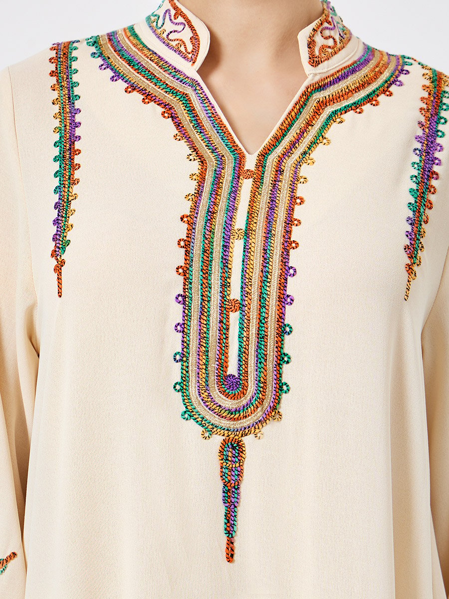 Cream Embroidered Stand Collar Jalabiya