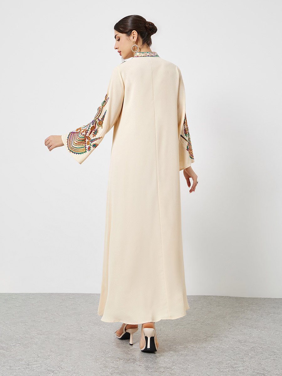 Cream Embroidered Stand Collar Jalabiya