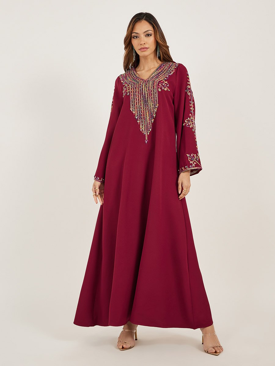 Embroidered V Neck Jalabiya with Rhinestone Detail