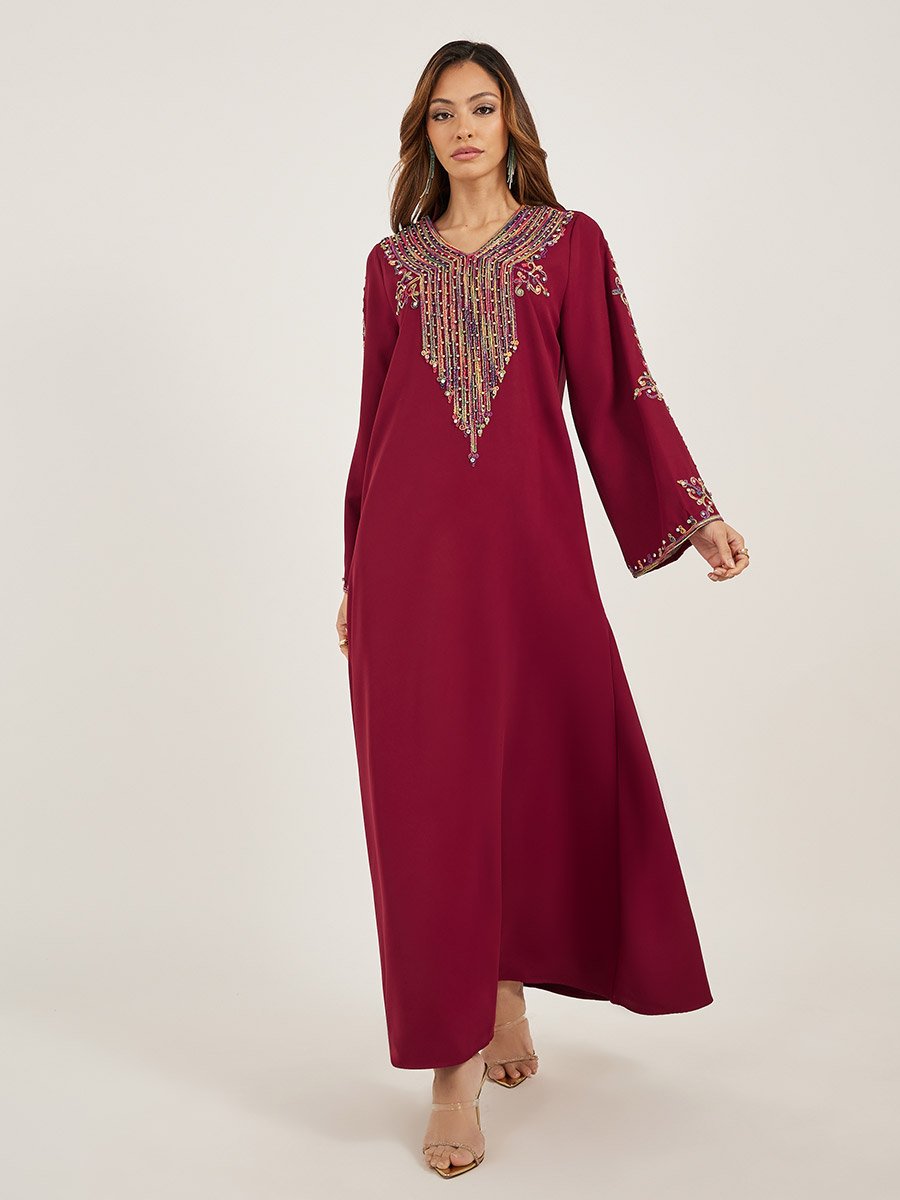 Embroidered V Neck Jalabiya with Rhinestone Detail
