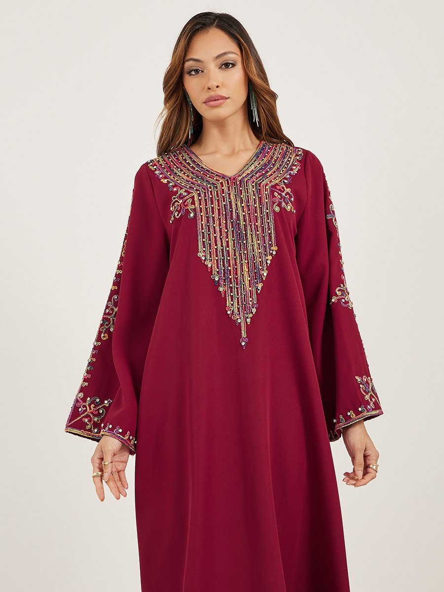 Embroidered V Neck Jalabiya with Rhinestone Detail