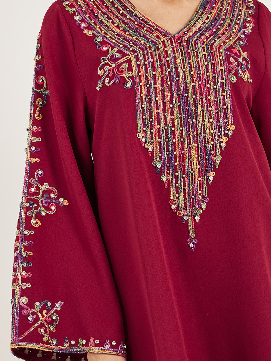 Embroidered V Neck Jalabiya with Rhinestone Detail