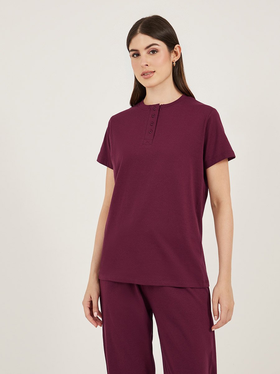 Burgundy Knitted T-Shirt and Straight Pyjama Set for Women