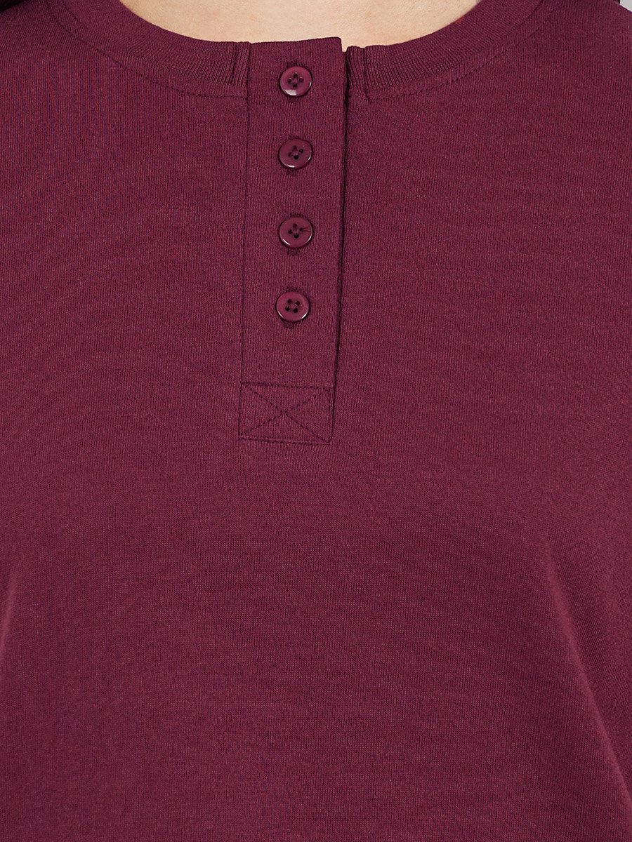 Burgundy Knitted T-Shirt and Straight Pyjama Set for Women