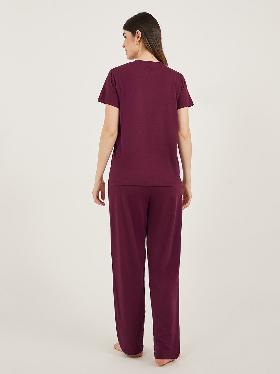 Burgundy Knitted T-Shirt and Straight Pyjama Set for Women