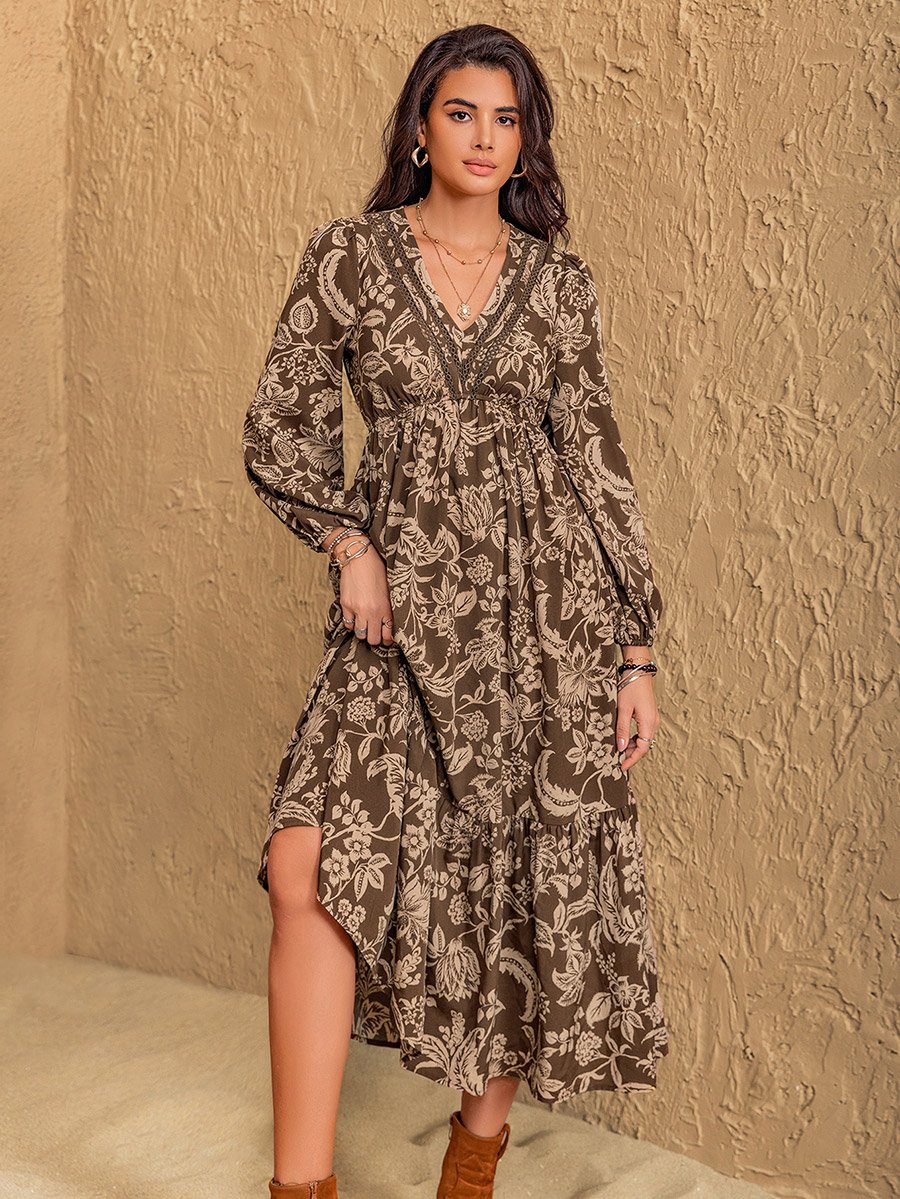 Floral Print V Neck A-Line Midi Dress