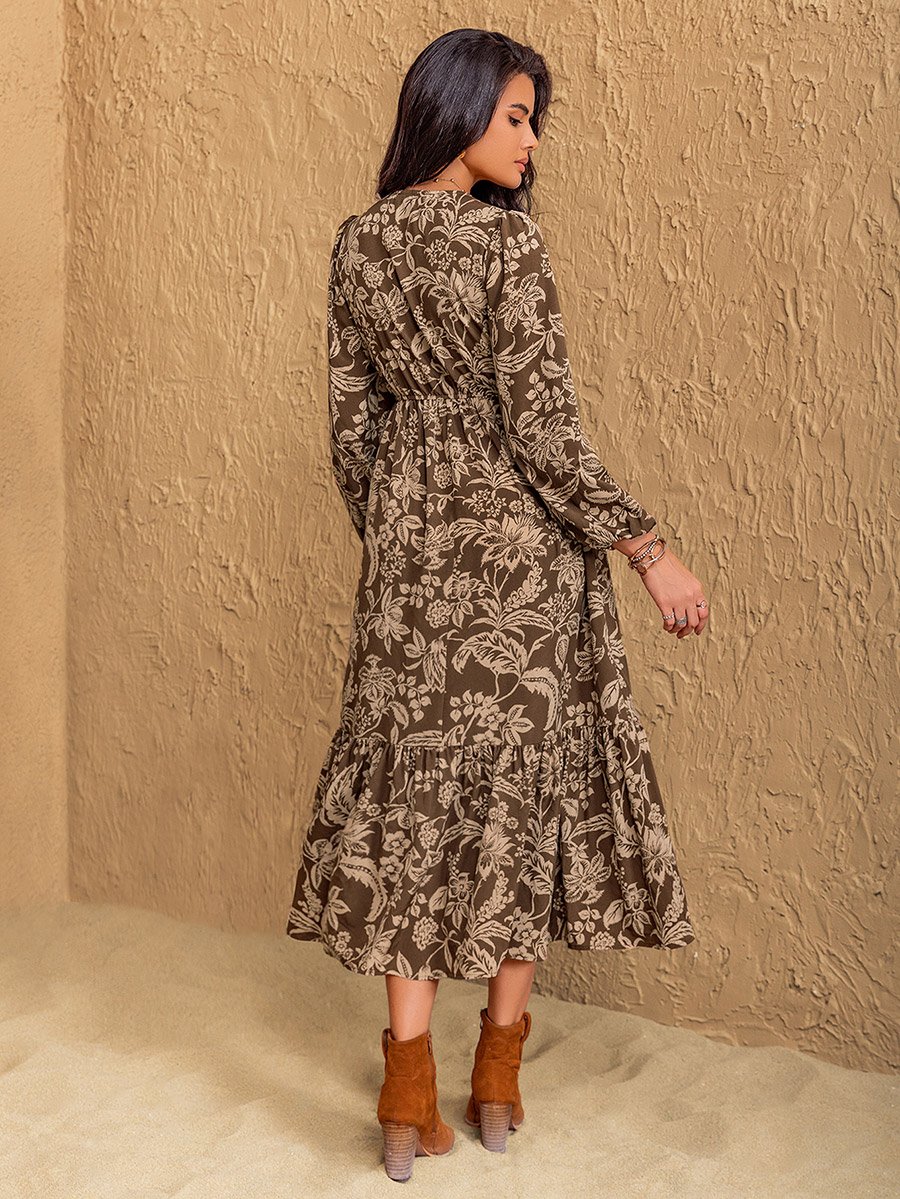 Floral Print V Neck A-Line Midi Dress