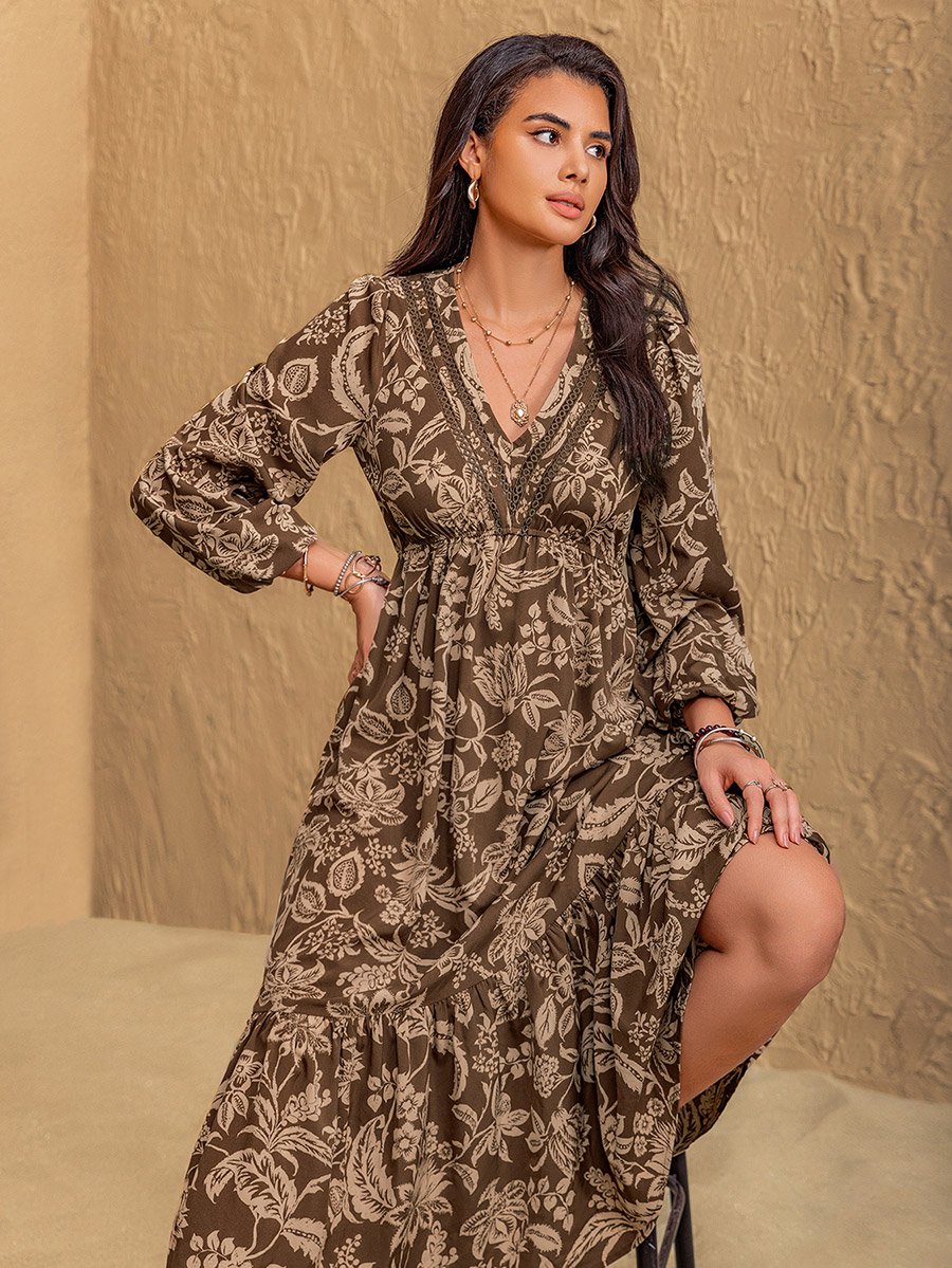 Floral Print V Neck A-Line Midi Dress