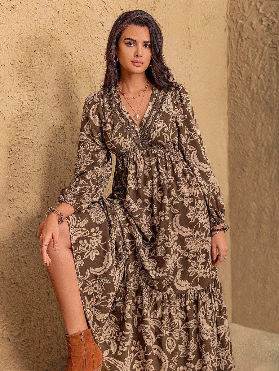 Floral Print V Neck A-Line Midi Dress