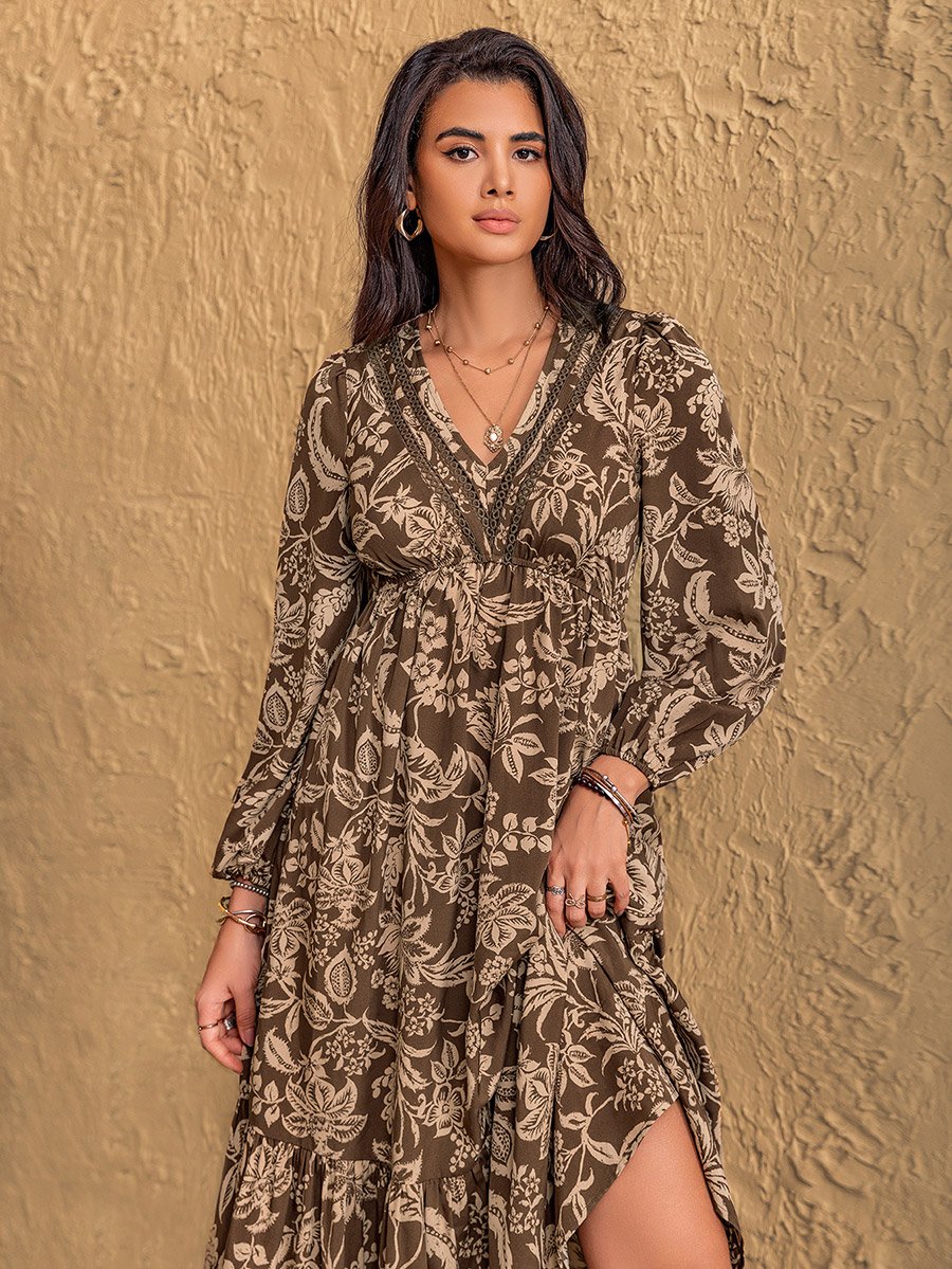 Floral Print V Neck A-Line Midi Dress