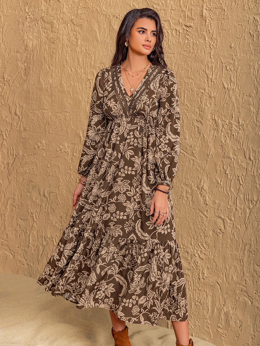 Floral Print V Neck A-Line Midi Dress