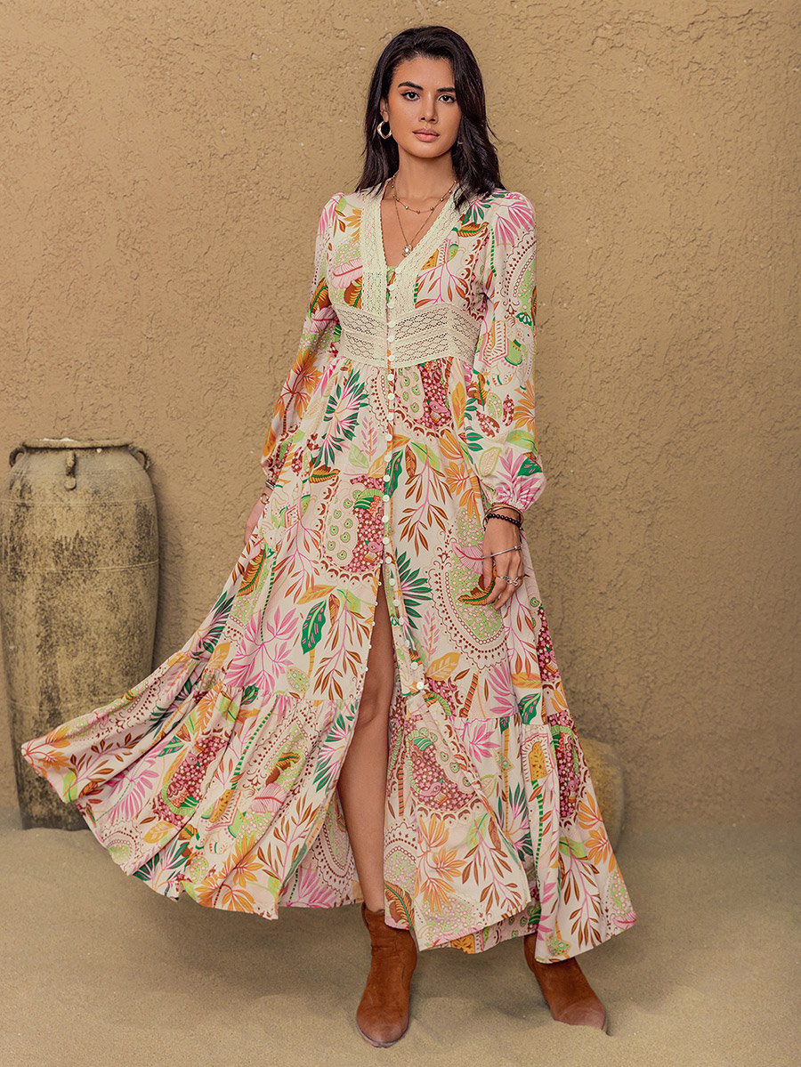 Floral Print Lace Detail A-Line Maxi Dress