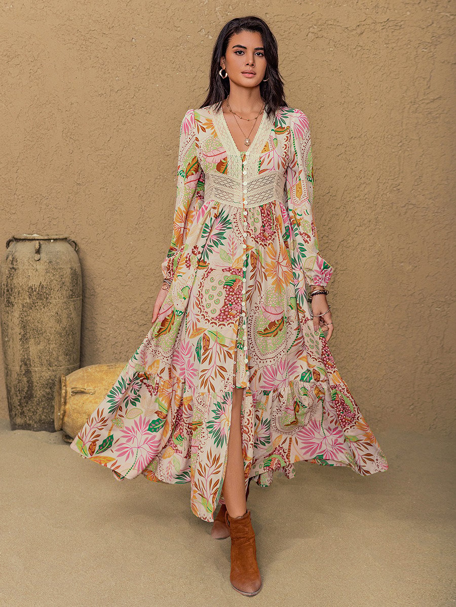 Floral Print Lace Detail A-Line Maxi Dress