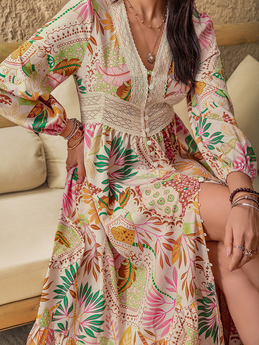 Floral Print Lace Detail A-Line Maxi Dress