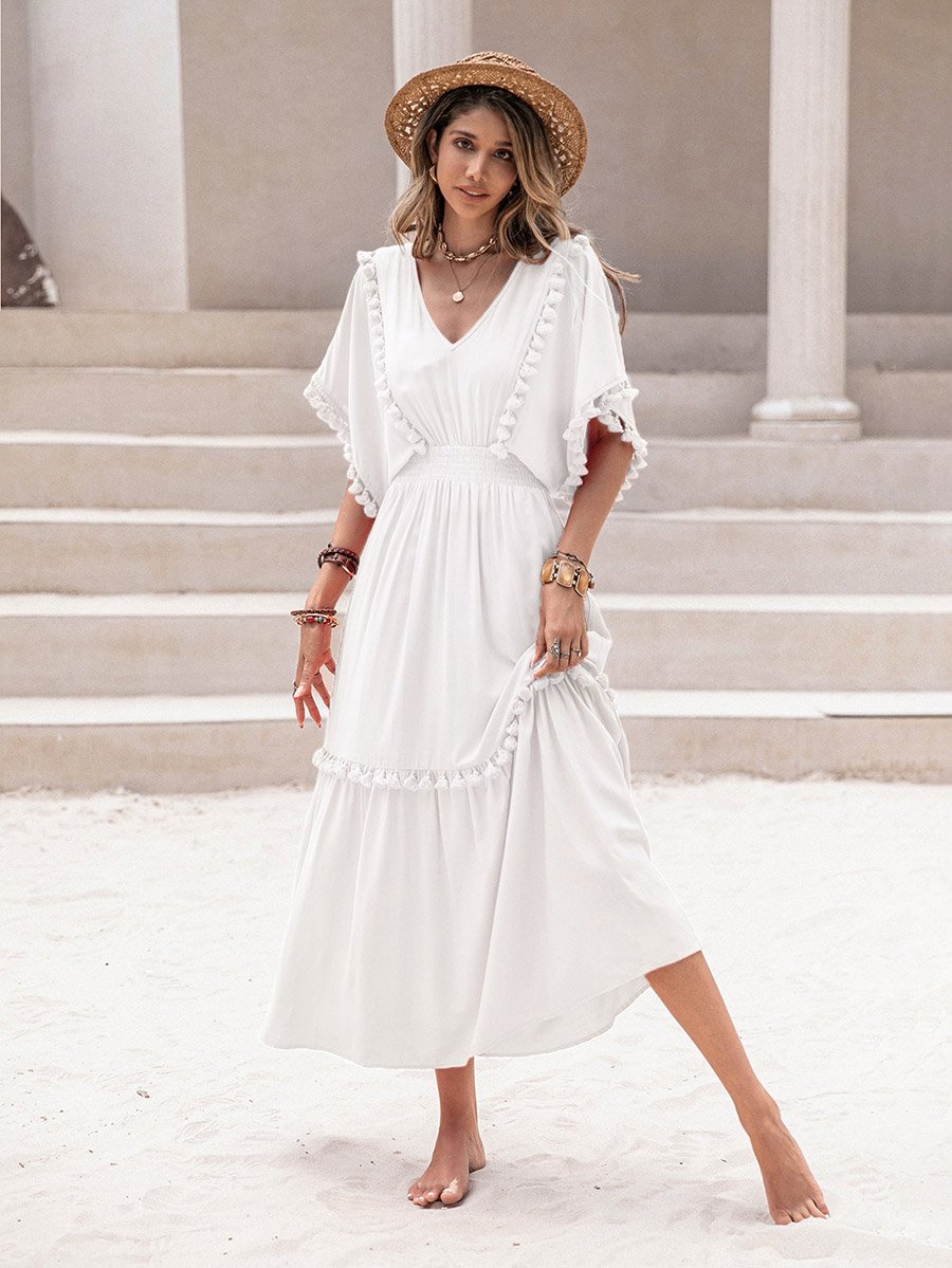Tassel Detail V Neck A-Line Midi Dress