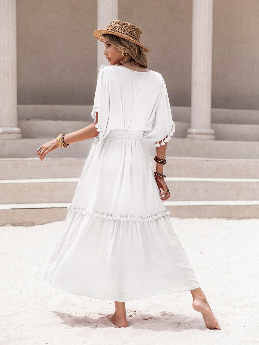 Tassel Detail V Neck A-Line Midi Dress