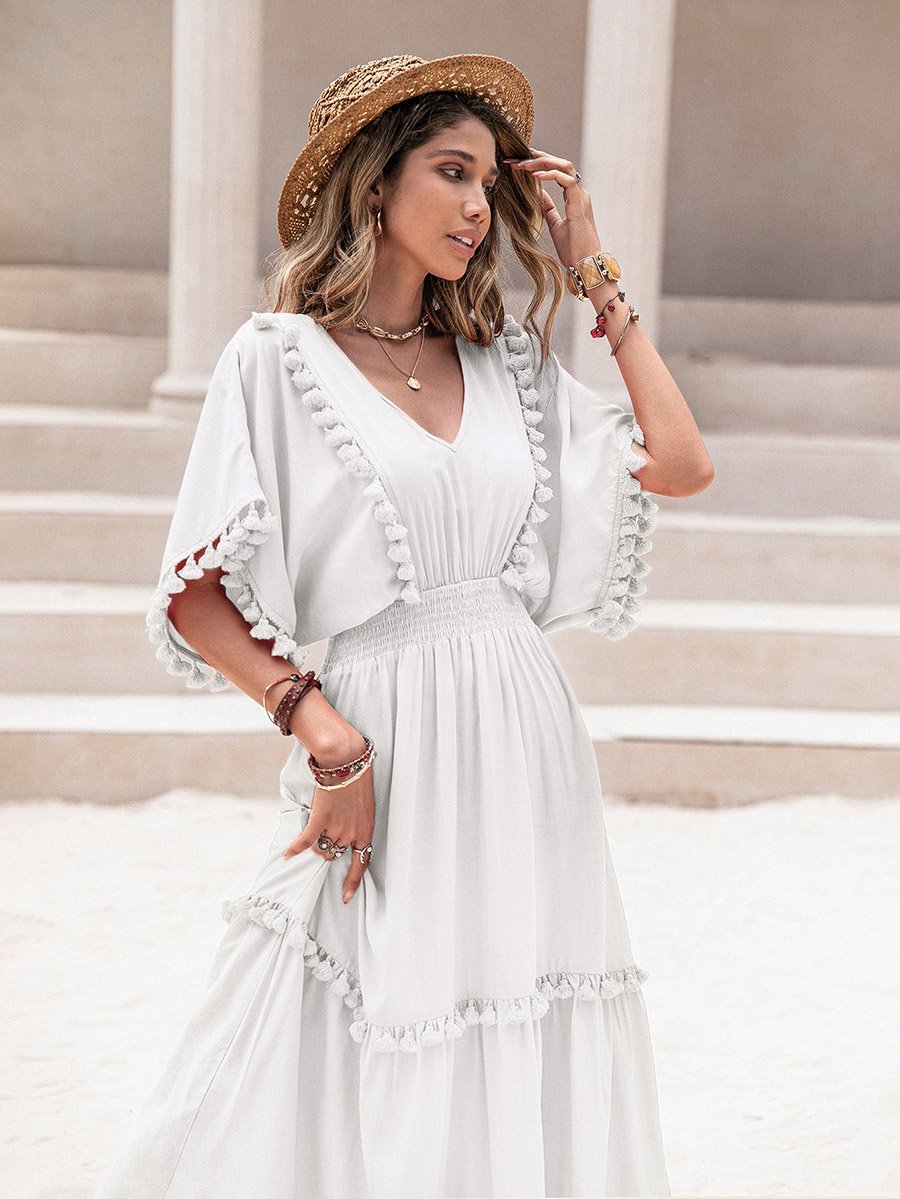 Tassel Detail V Neck A-Line Midi Dress