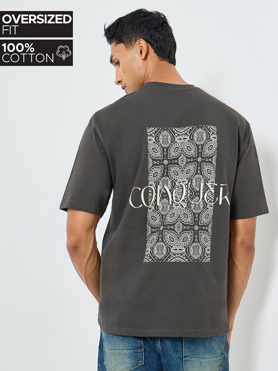 Men Grey Graphic Print Oversized Cotton T-Shirt