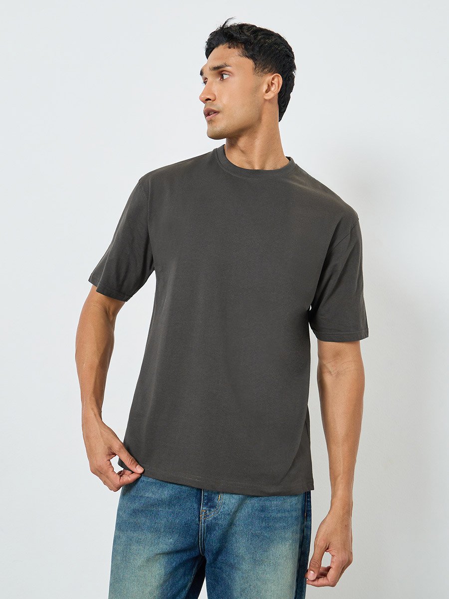 Men Grey Graphic Print Oversized Cotton T-Shirt