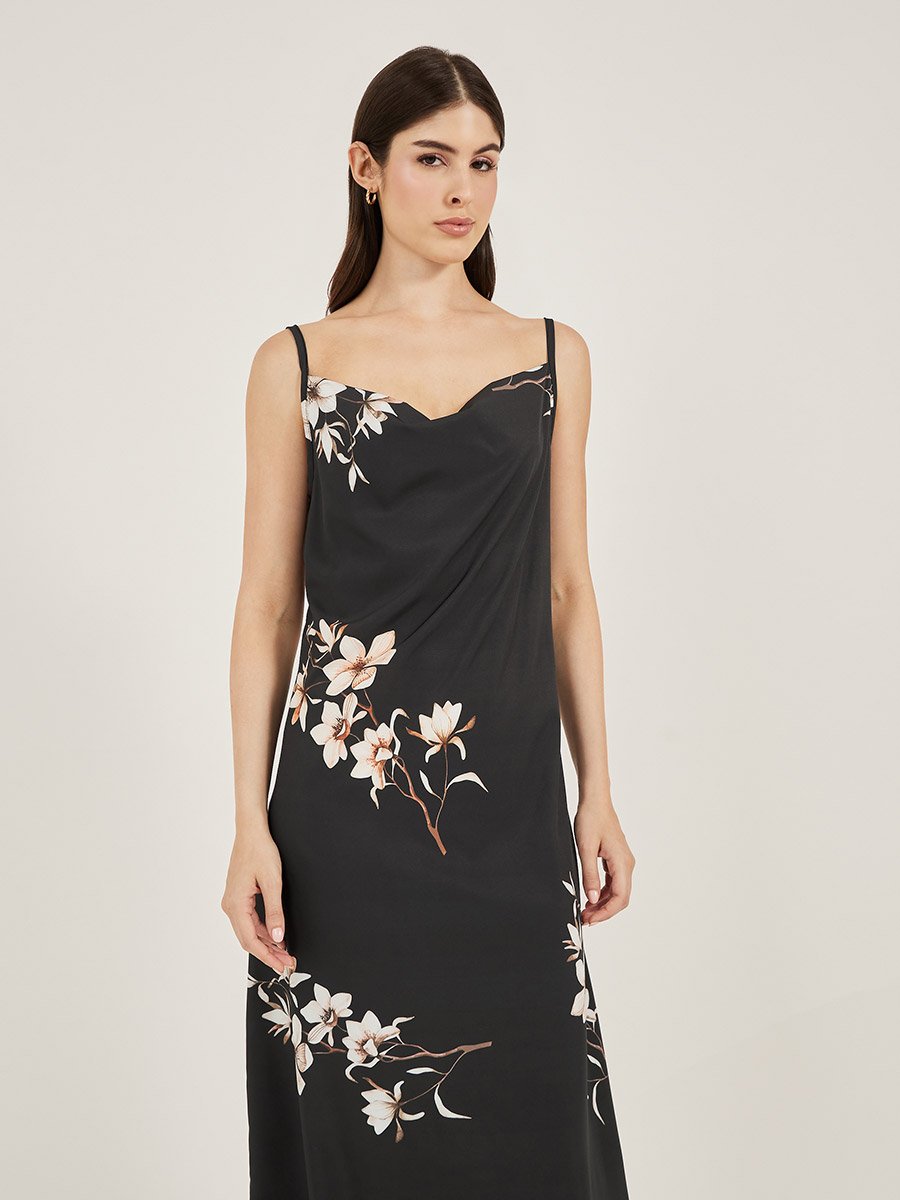 Floral Print Cowl Neck Satin Slip Dress with Deep V Back