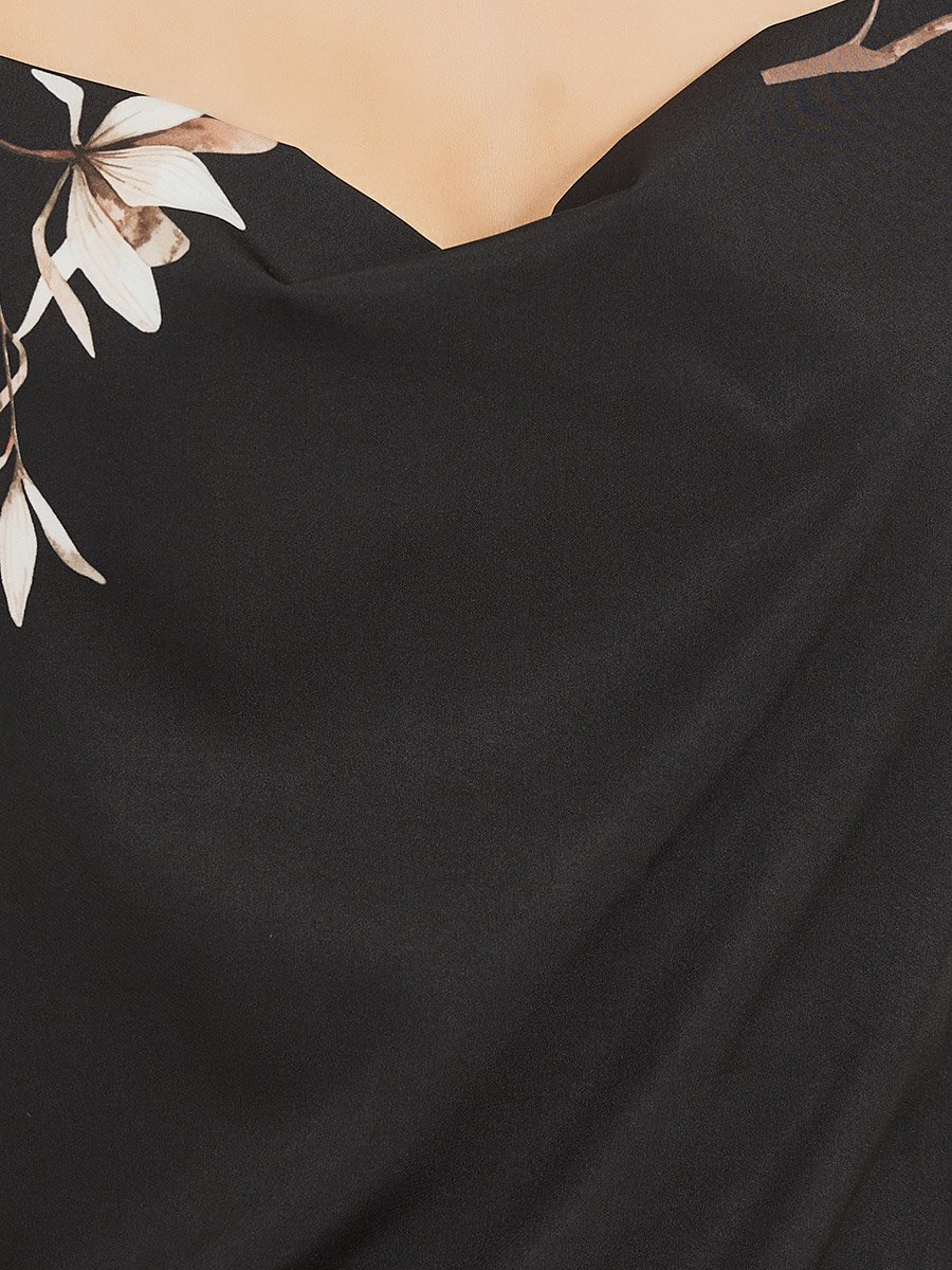 Floral Print Cowl Neck Satin Slip Dress with Deep V Back