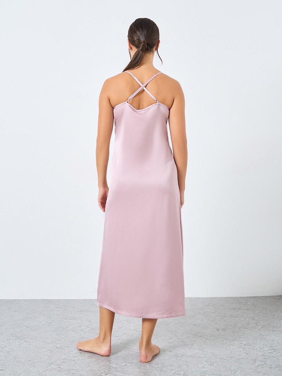Pink Lace Trim Satin Slip Dress For Women at UAE | Styli Pink Lace Trim Satin Slip Dress For Women at UAE | Styli