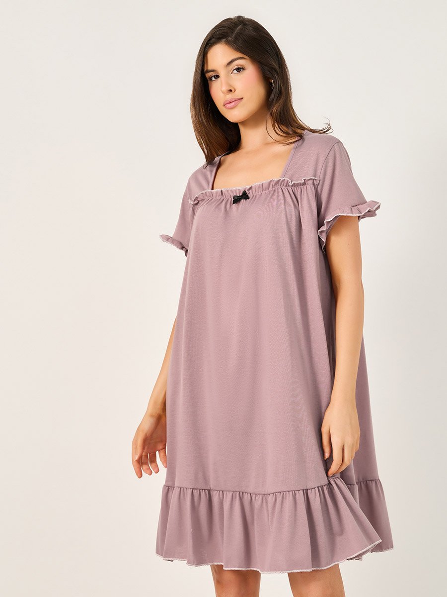 Contrast Lettuce Edge Gathered Neck Ruffle Hem Nightdress