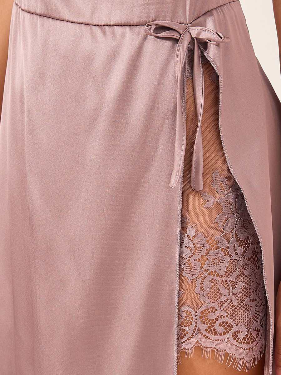 Solid Cowl Neck Satin Midi Slip Dress with Lace Detail